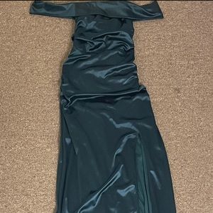 Emerald green, off the shoulder, floor length formal dress.